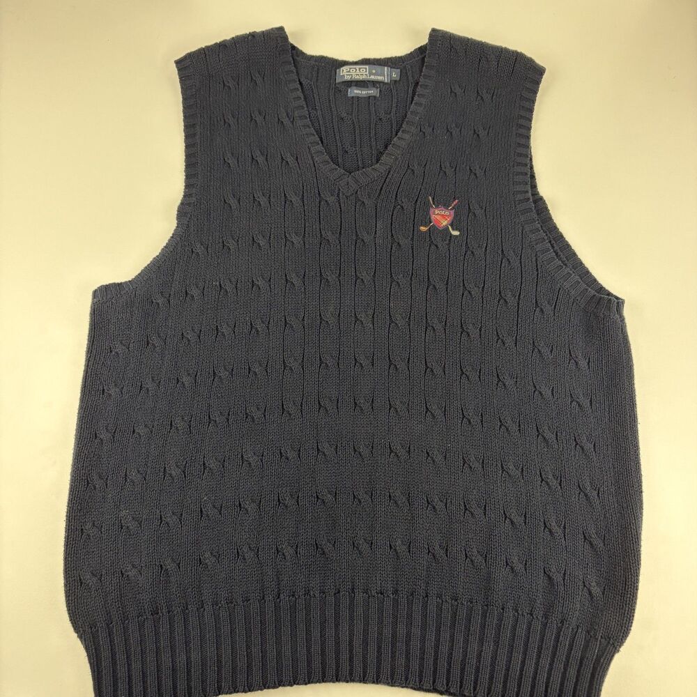 Polo Ralph Lauren Mens L Golf Sweater Vest Navy Cable Knit Crest 100% Cotton
